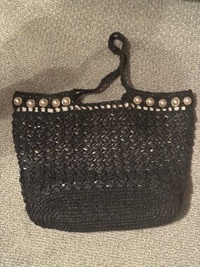 Black Crochet Tote with Pearl Accent Trim